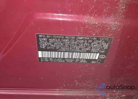 2012 Lexus Es 350 350 from USA, damaged, VIN JTHBK1EG2C2486204